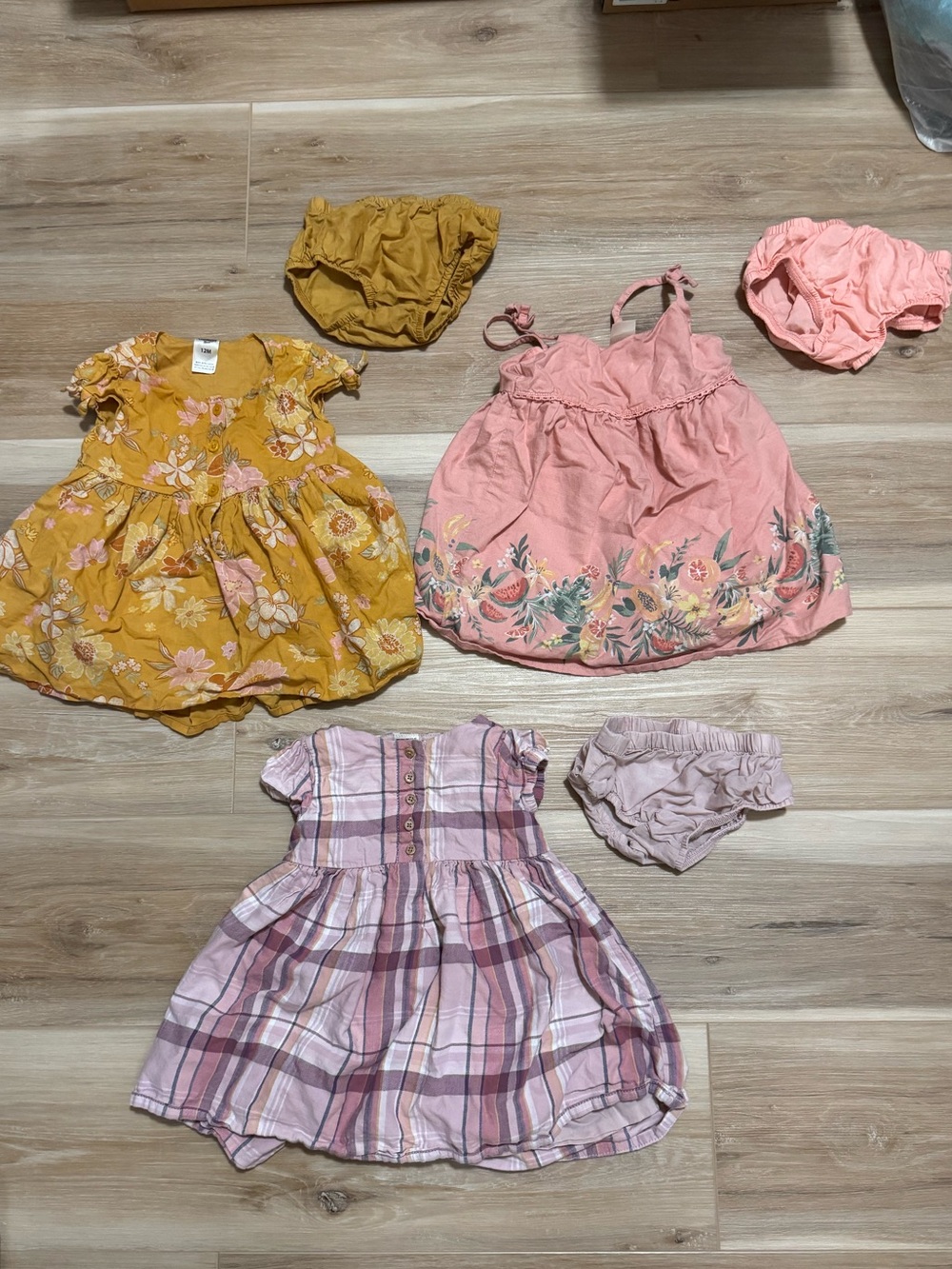 OshKosh B'gosh Baby Girl Summer Dress Lot Bloomers Mustard Plaid Floral 12M